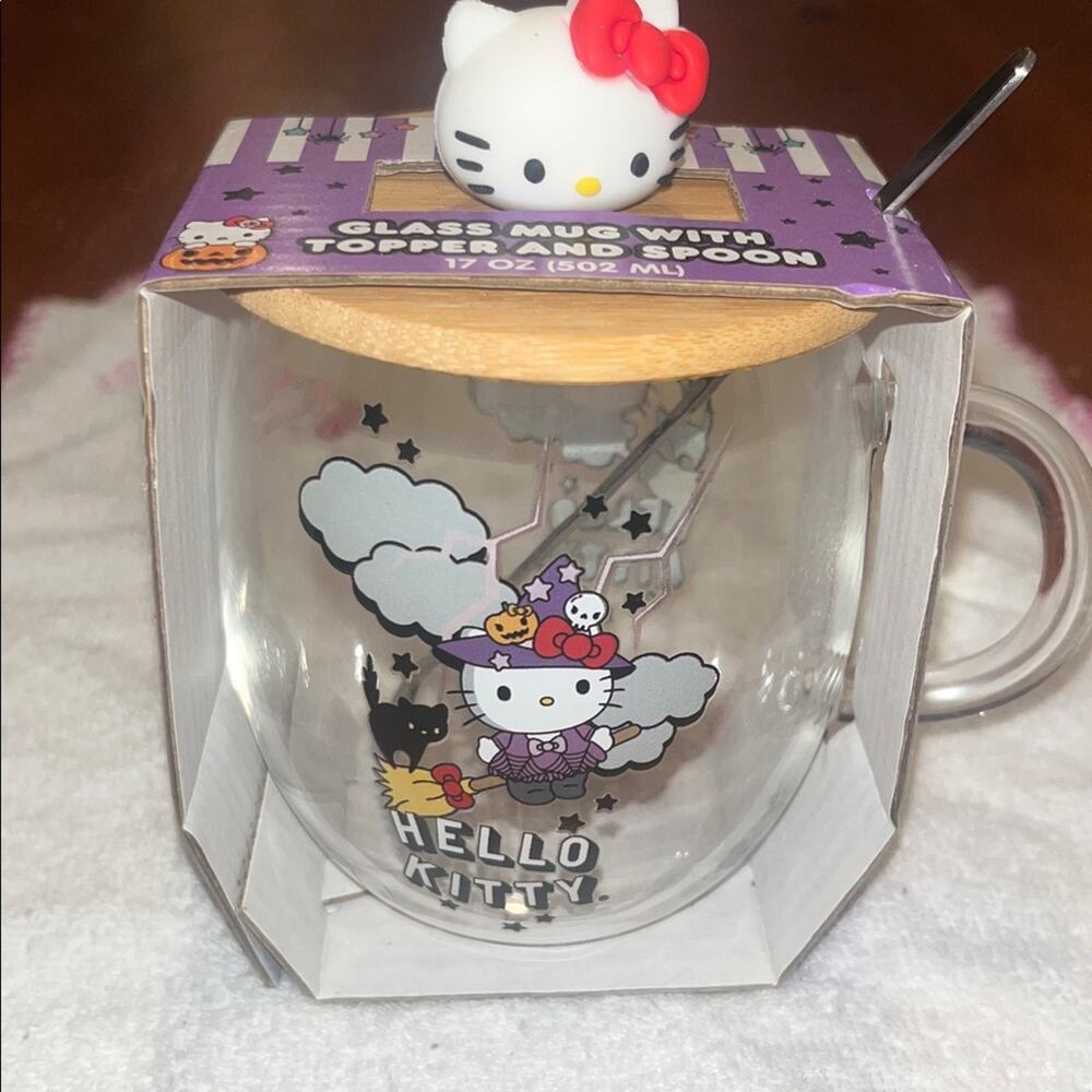 Hello Kitty Glass Mug w/ Topper & Spoon Halloween Witch NWT